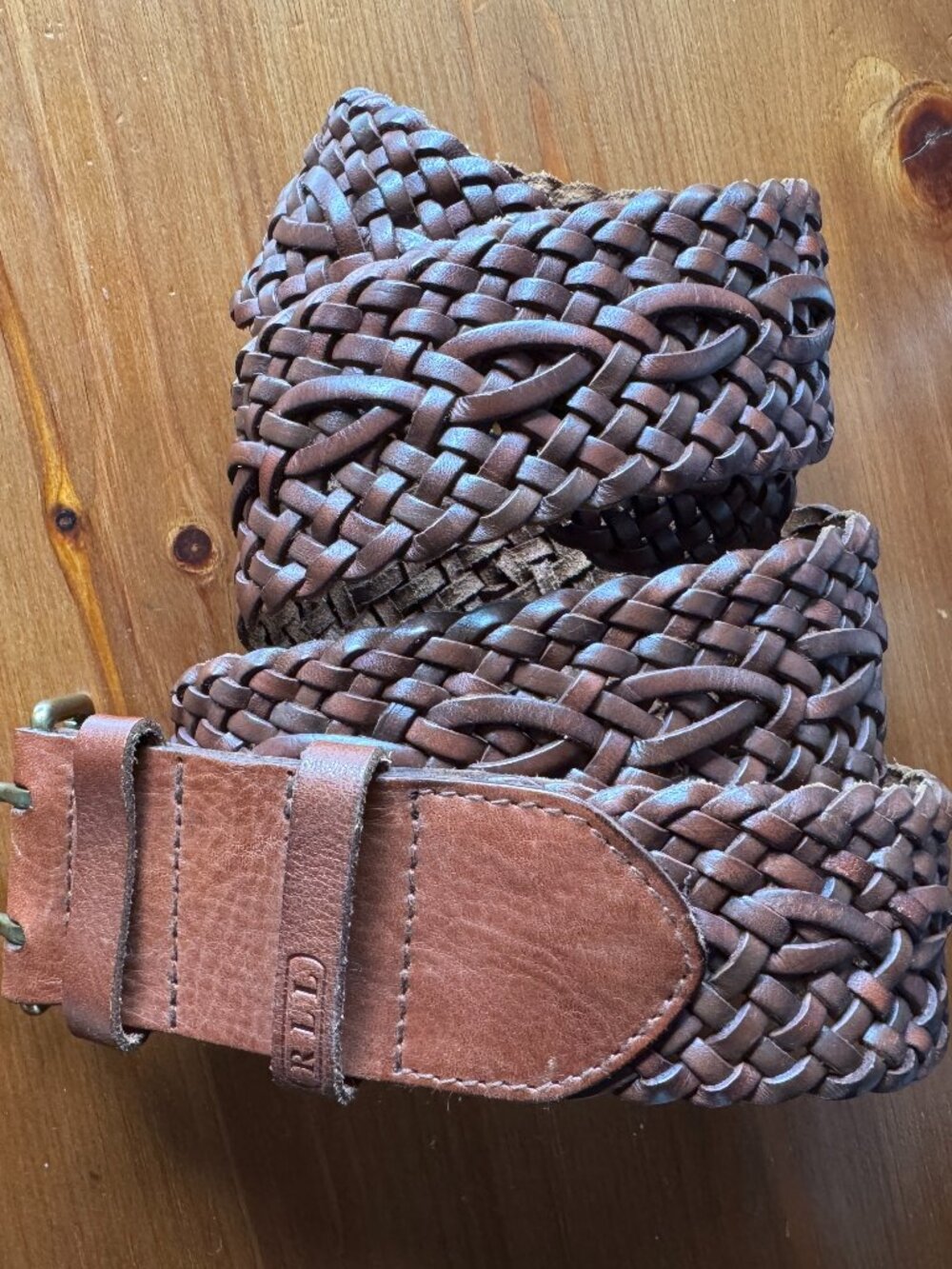 VTG Ralph Lauren Brown Leather Wide Braided Belt with Two Prong Buckle - Large